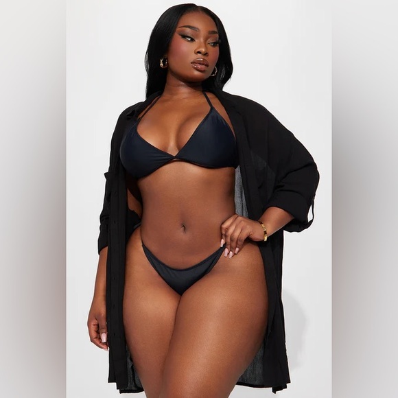 Fashion nova Breezy Nights Linen Pocket Cover Up Shirt - Black - Picture 1 of 9